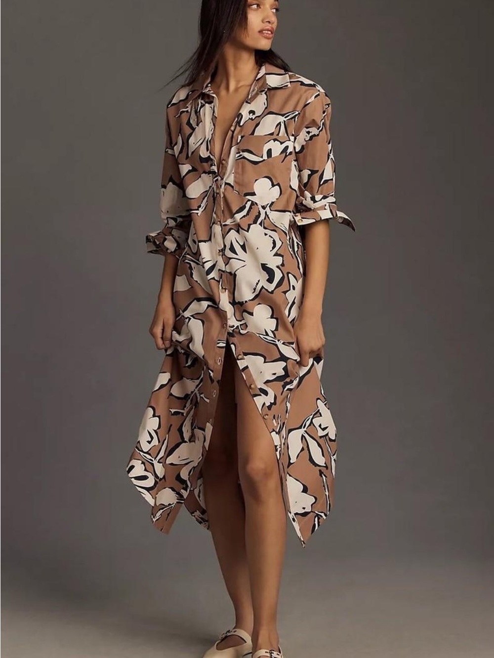 Anthropologie Soren Brown and White Floral Maxi Shirt Dress